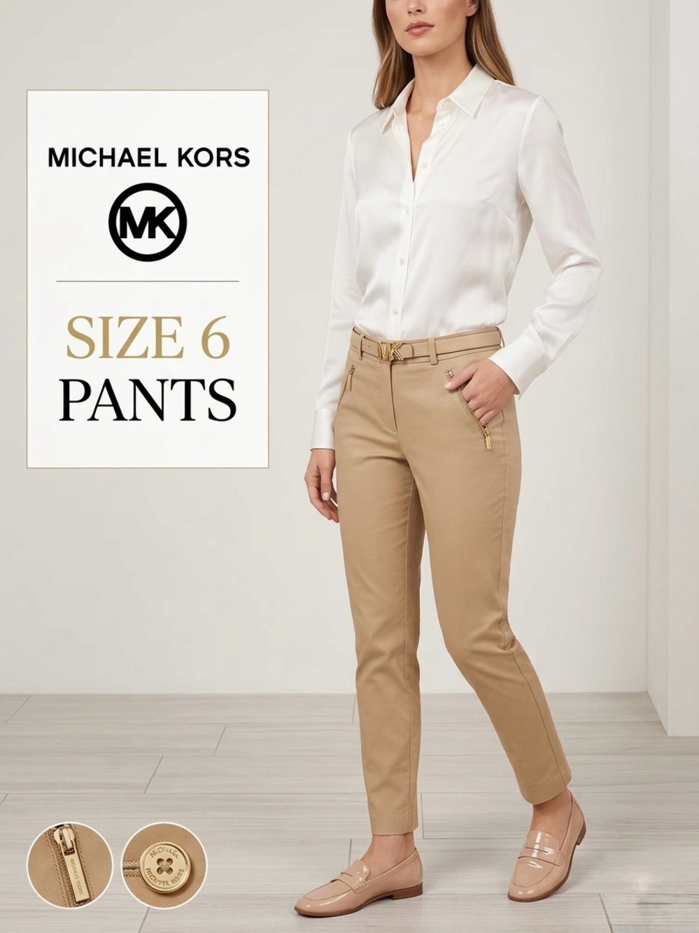 Michael Kors Beige Tan Slim Leg Trousers Women’s Size 6 Stretch Pants Workwear - Picture 7 of 8